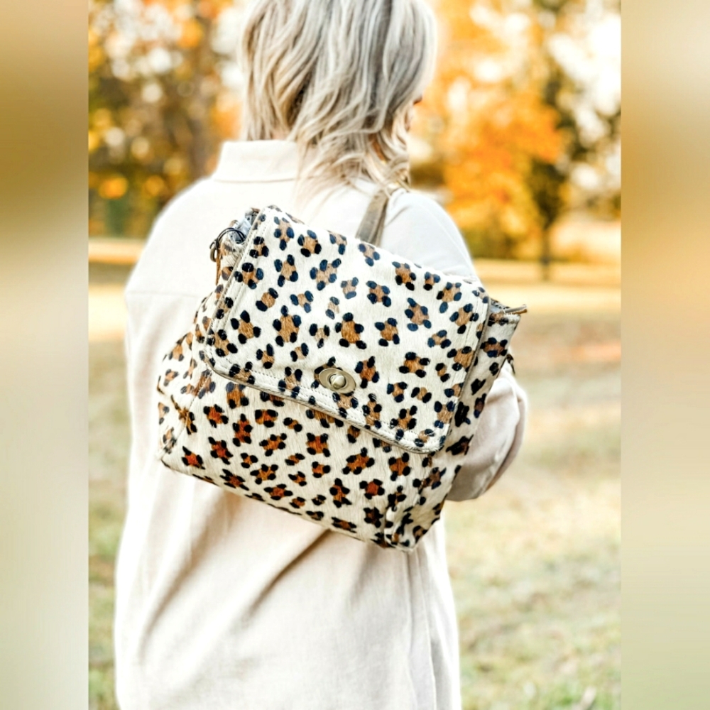 Myra Bag Cowhide Leopard Print Genuine Leather Accents Bag Brown Black - Picture 6 of 16